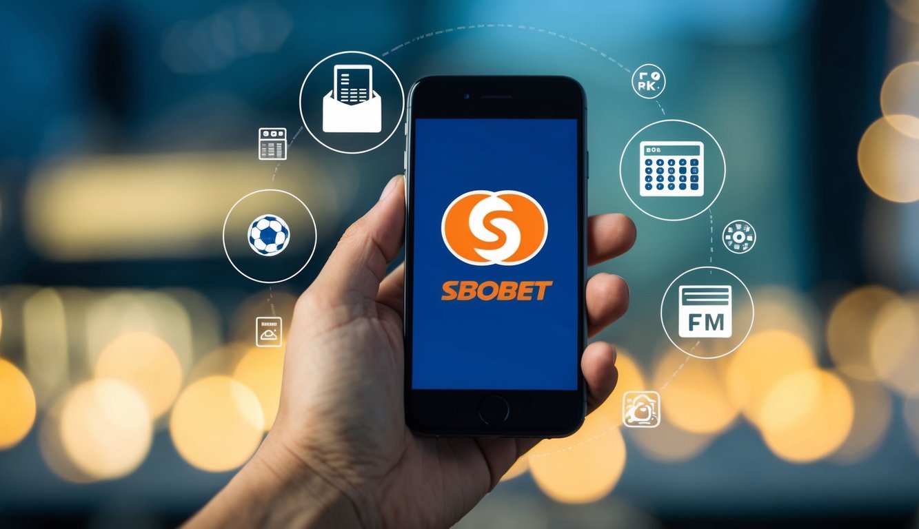 Sebuah tangan memegang smartphone dengan platform Sbobet yang ditampilkan, dikelilingi oleh ikon akses mudah seluler