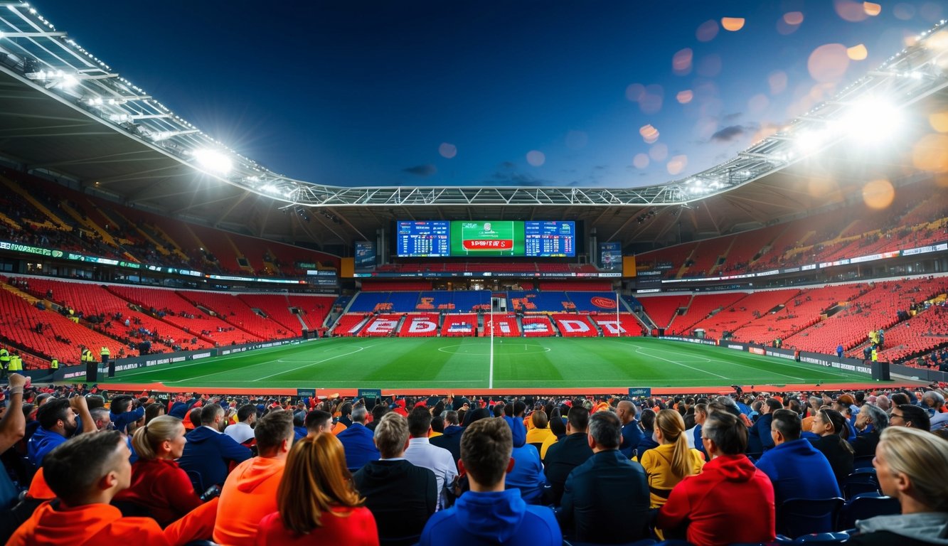 Sebuah stadion olahraga yang hidup dengan layar taruhan waktu nyata dan penonton yang energik