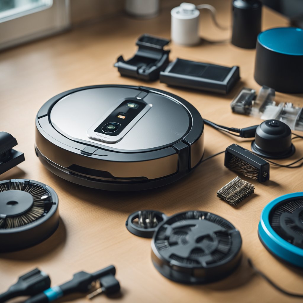 Un robot aspirateur étant démonté pour maintenance, avec des brosses et des filtres remplacés selon un calendrier.