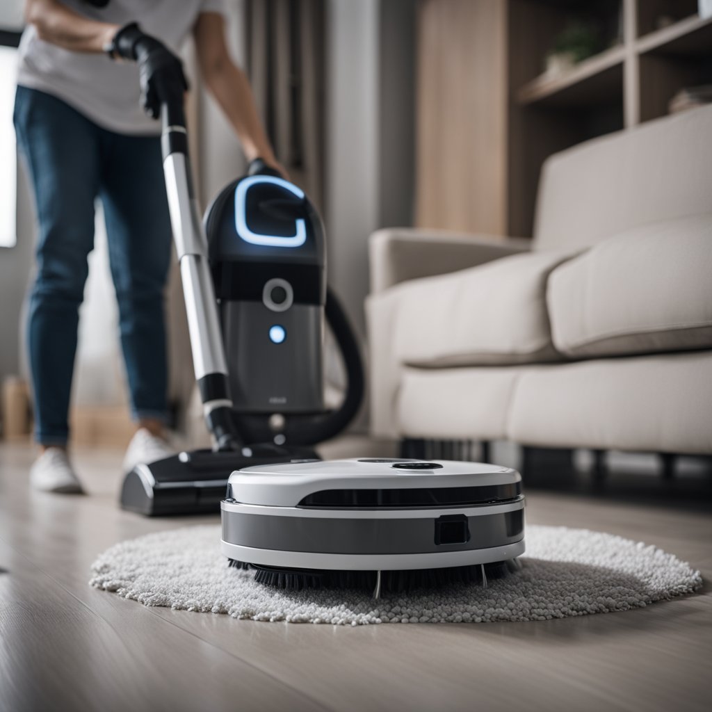 Un aspirateur robot avec des brosses et des filtres étant nettoyé et remplacé par une personne.