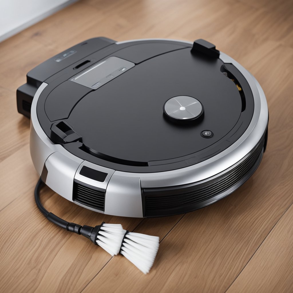 Un aspirateur robot avec des compartiments ouverts pour l'entretien de la brosse et du filtre
