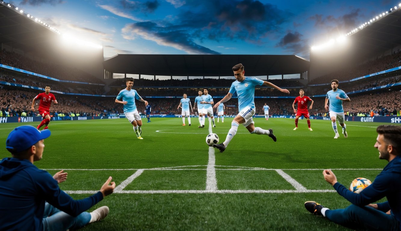 Sebuah lapangan sepak bola dengan pemain yang sedang beraksi, dikelilingi oleh penggemar yang antusias dan antarmuka digital untuk taruhan online