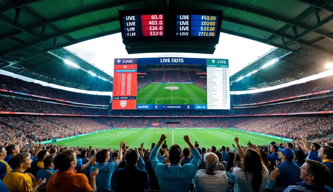 Sebuah stadion yang ramai dengan layar besar menampilkan peluang langsung dan pertandingan langsung, dikelilingi oleh penggemar antusias yang bersorak dan menonton pertandingan