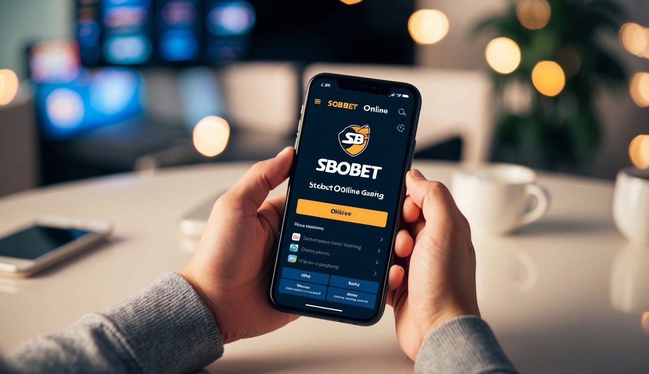 Sebuah perangkat mobile dengan platform online Sbobet terbuka, dikelilingi oleh suasana yang nyaman dan modern untuk permainan yang mudah dan menyenangkan