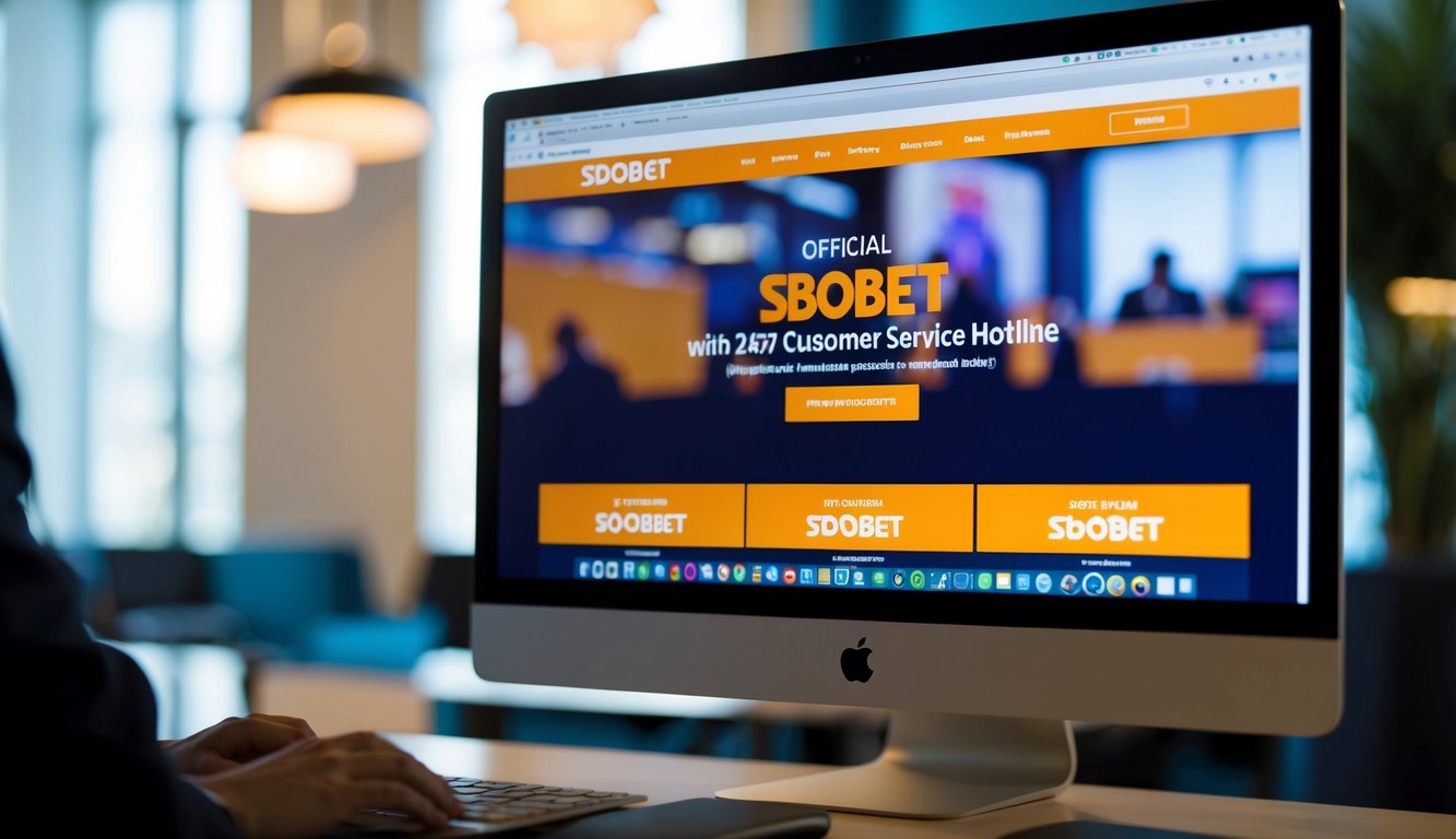 Sebuah layar komputer menampilkan situs resmi Sbobet online dengan hotline layanan pelanggan 24/7