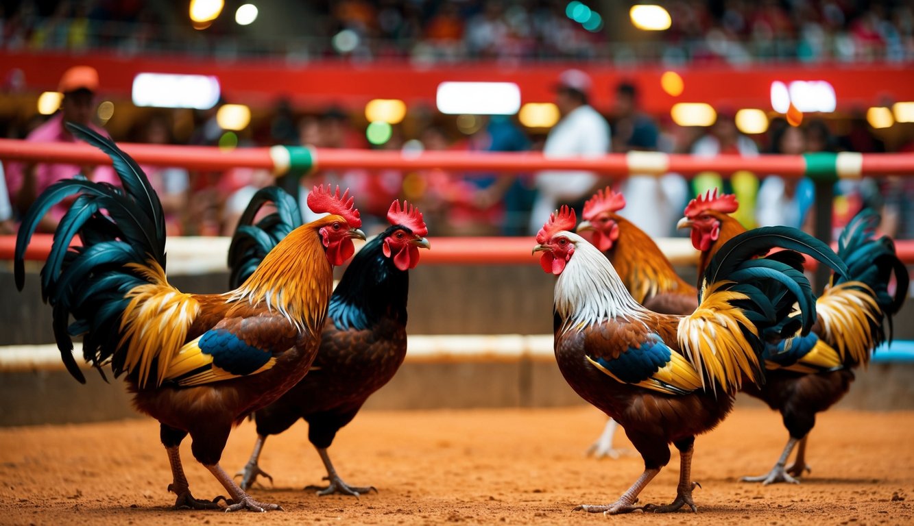 Sebuah arena yang ramai dengan ayam jantan berwarna-warni berhadapan dalam pertarungan ayam yang meriah