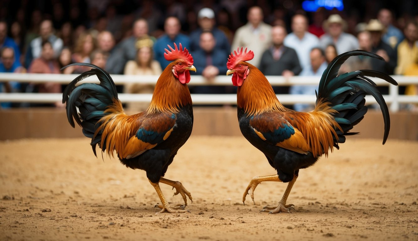 Dua ayam jantan bertarung di arena yang disiarkan langsung, dikelilingi oleh kerumunan penonton