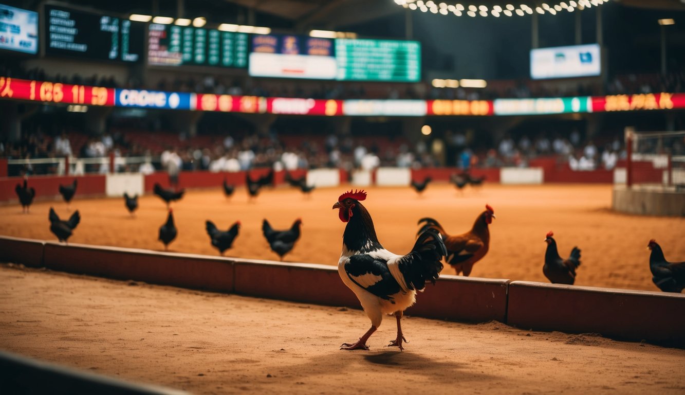 Sebuah arena sabung ayam yang ramai dengan berbagai opsi taruhan dan pasar internasional