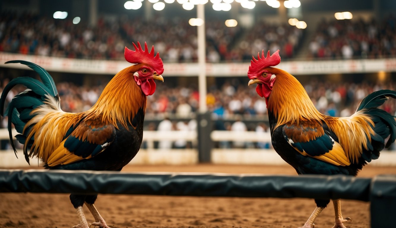 Sebuah arena yang ramai dengan dua ayam jantan yang saling berhadapan dalam pertandingan sabung ayam yang kompetitif