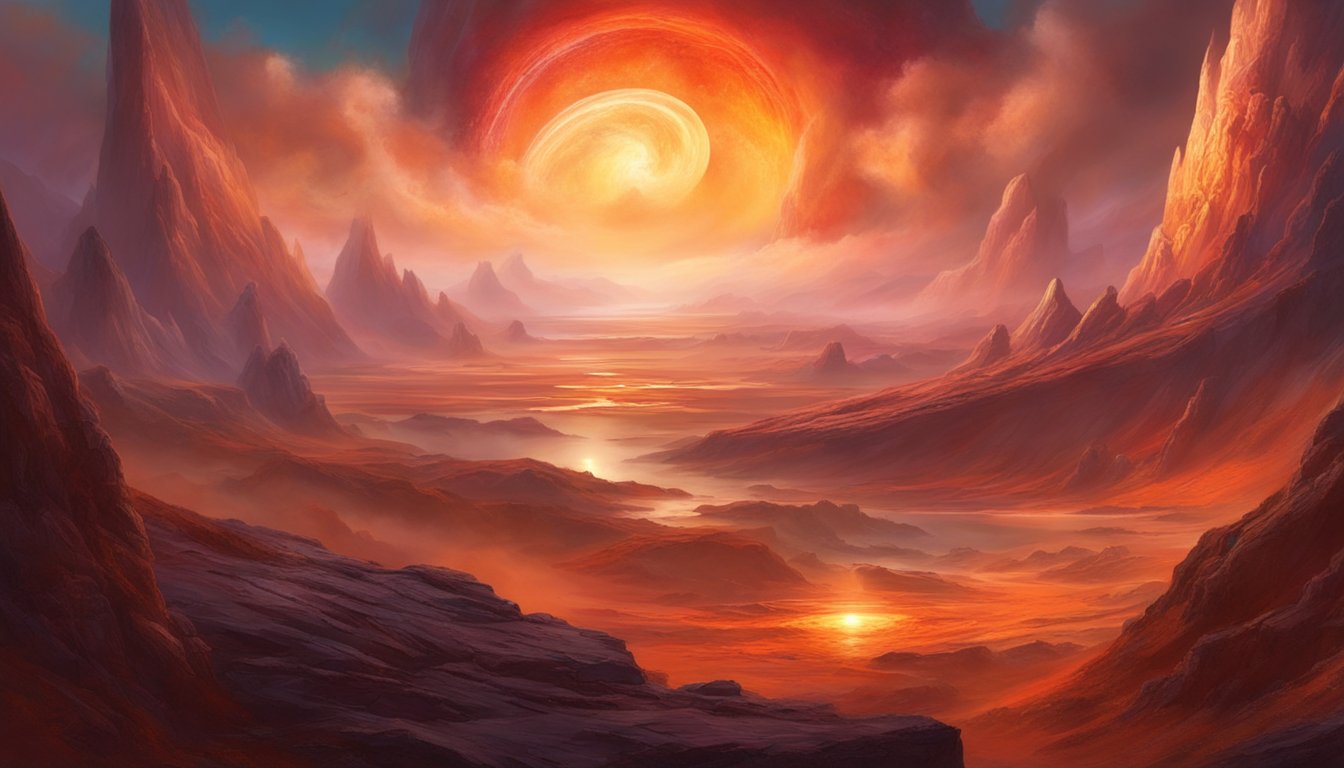 An extreme exoplanet with swirling storms and rocky terrain, orbiting a distant star