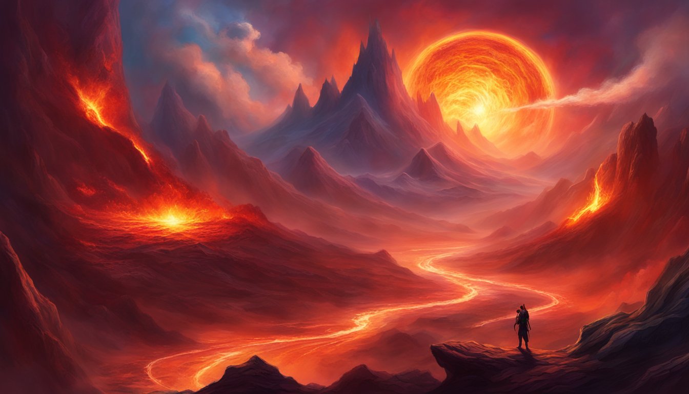 A fiery exoplanet with swirling clouds and molten lava rivers. Rocky terrain and towering mountains create a hostile environment