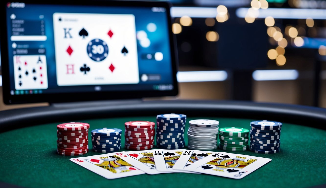 Sekelompok chip poker dan kartu bermain yang disusun di atas meja felt hijau, dengan platform poker online yang ramping dan modern ditampilkan di layar digital di latar belakang