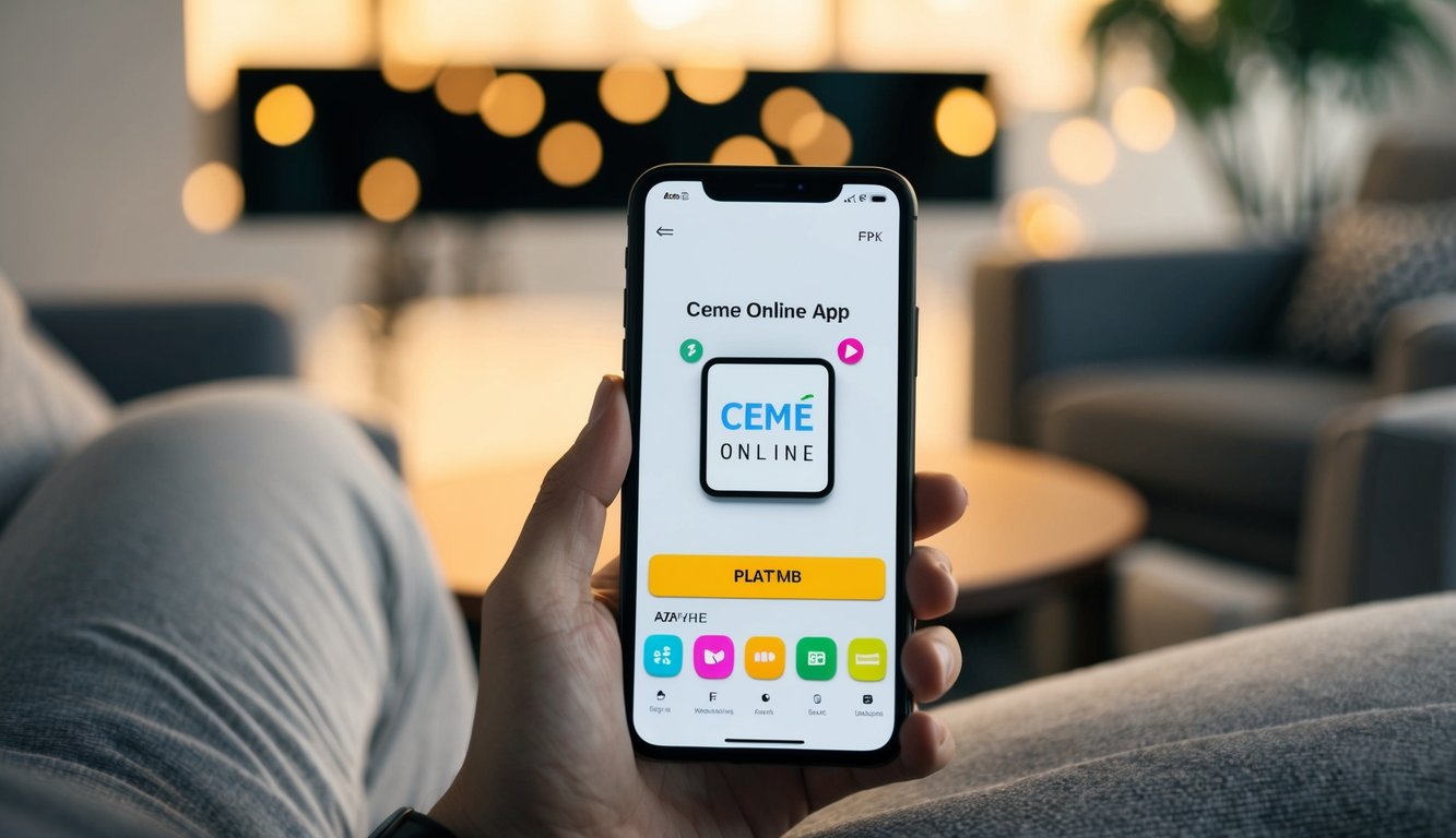 Sebuah ponsel dengan aplikasi ceme online yang ditampilkan di layar, dikelilingi oleh lingkungan yang nyaman dan mengundang untuk bermain kapan saja