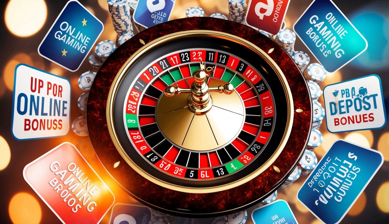 Roda roulette dikelilingi oleh promosi permainan online dan bonus deposit