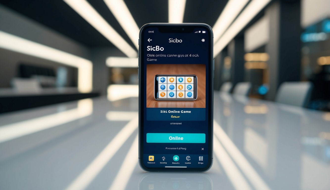 Sebuah ponsel yang menampilkan permainan Sicbo online dengan antarmuka yang ramah pengguna, diatur di latar belakang lingkungan yang modern dan ramping