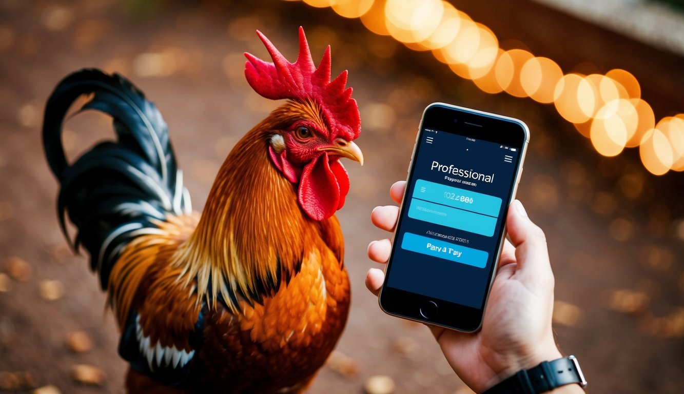 Seekor ayam jantan dan smartphone dengan sistem pembayaran yang aman dan cepat