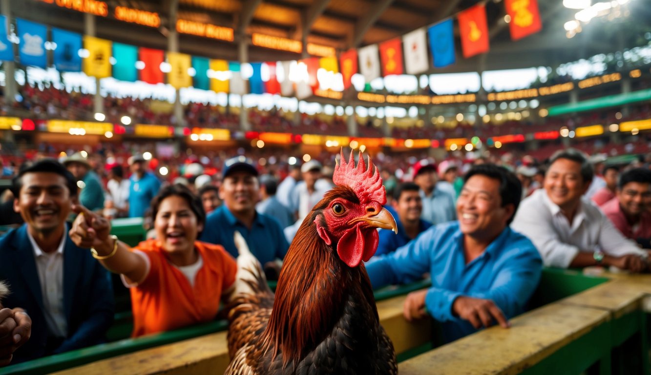 Sebuah arena sabung ayam yang ramai dengan spanduk berwarna-warni dan penonton yang bersemangat