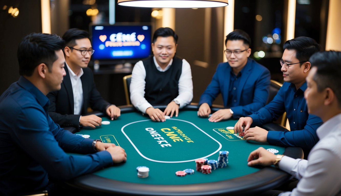 Sekelompok orang duduk di sekitar meja bermain permainan ceme online, dengan chip poker dan kartu berserakan di atas meja