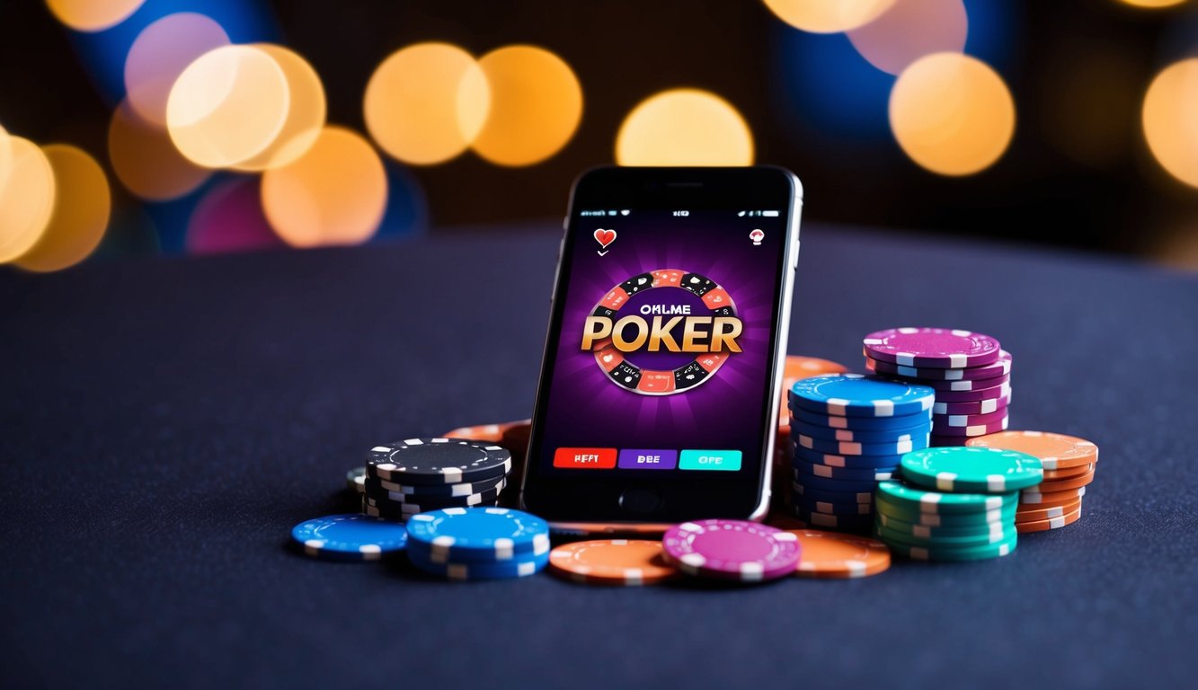 Sebuah smartphone dengan layar yang bersinar menampilkan permainan poker online, dikelilingi oleh tumpukan chip digital berwarna-warni