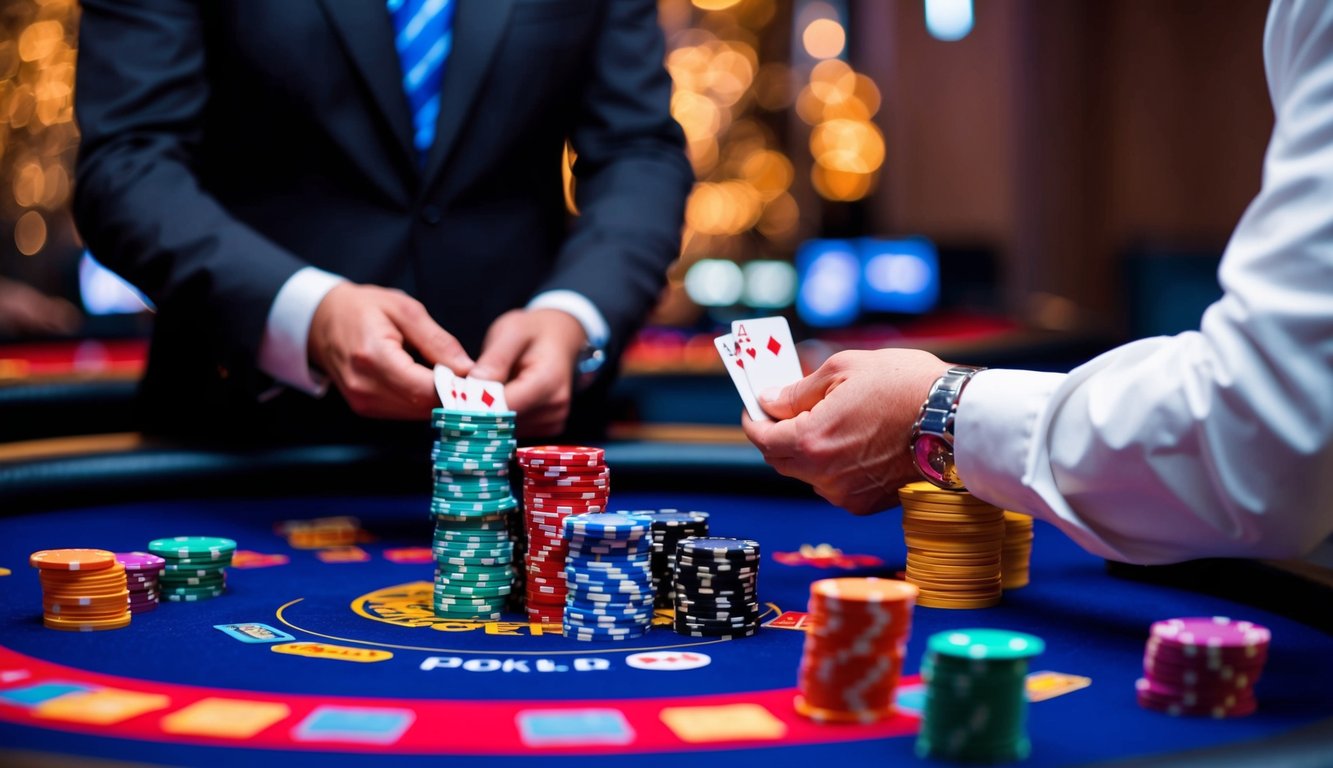 Meja poker online yang hidup dengan tumpukan chip berwarna-warni dan kartu yang dibagikan oleh dealer profesional