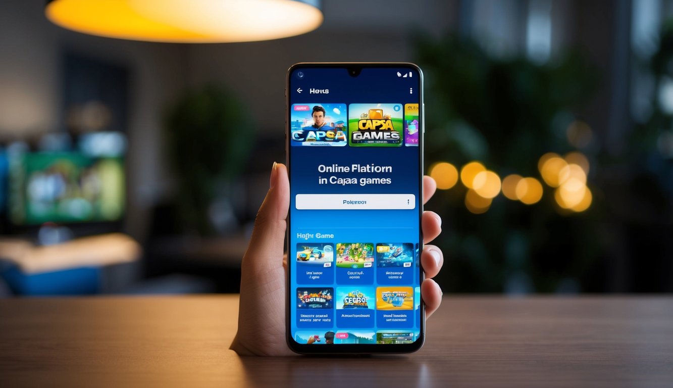 Sebuah smartphone dengan desain yang ramping dan modern, menampilkan platform online untuk bermain permainan Capsa, dengan antarmuka yang ramah pengguna dan grafik yang cerah.