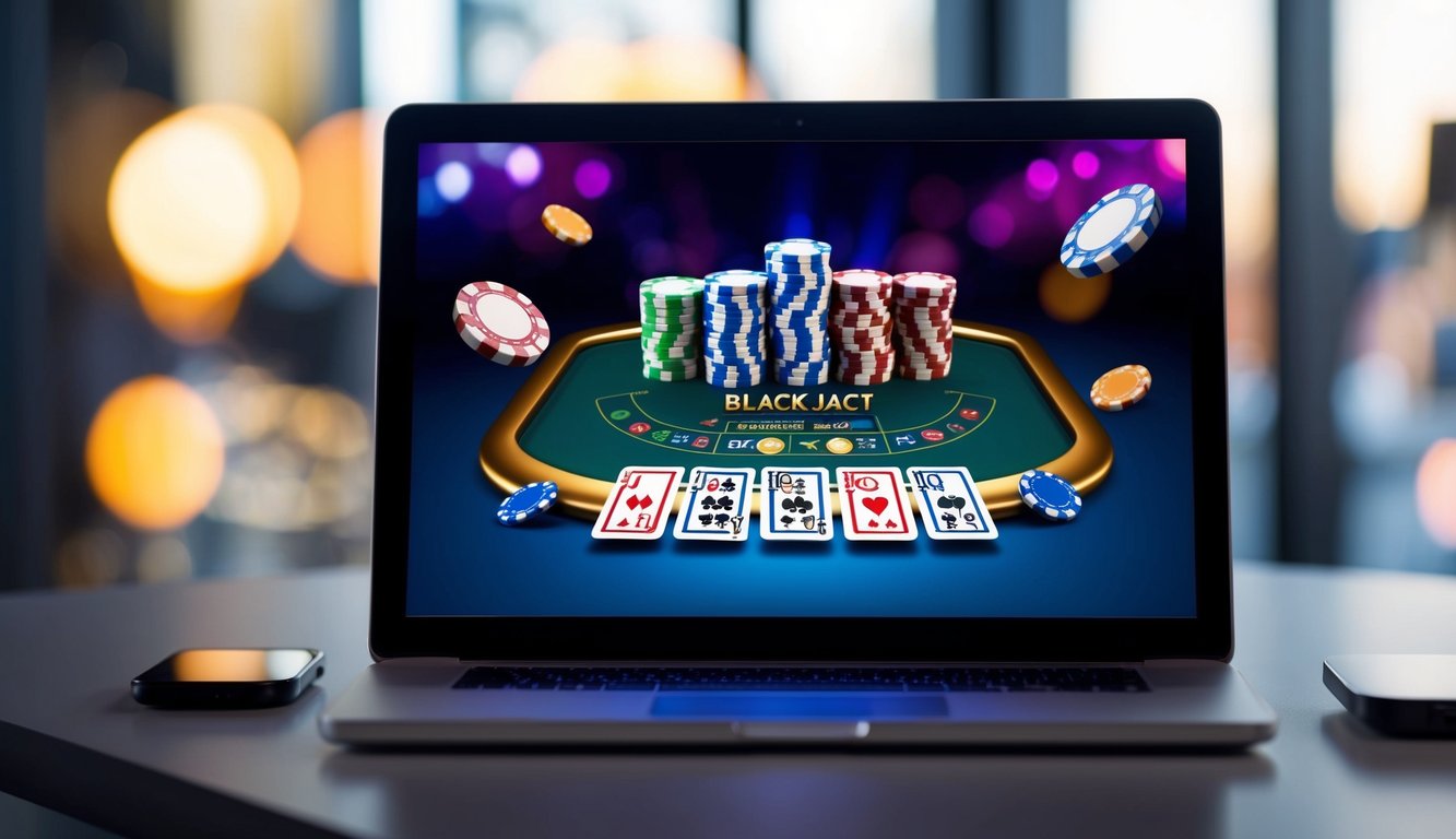 Sebuah layar digital menampilkan permainan blackjack online yang cerah dengan kartu dan chip berwarna-warni di antarmuka yang ramping