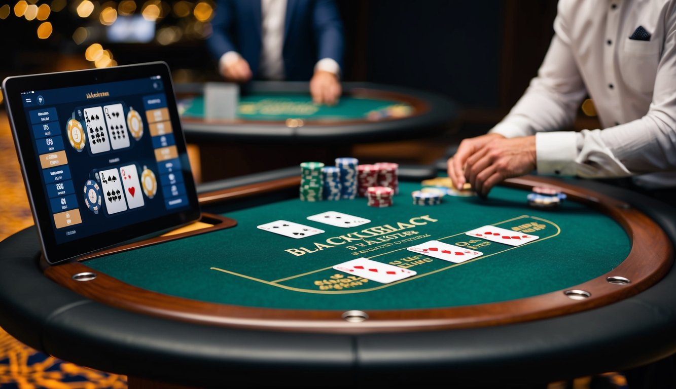 Meja blackjack virtual dengan dealer langsung, kartu, chip, dan antarmuka digital untuk permainan online