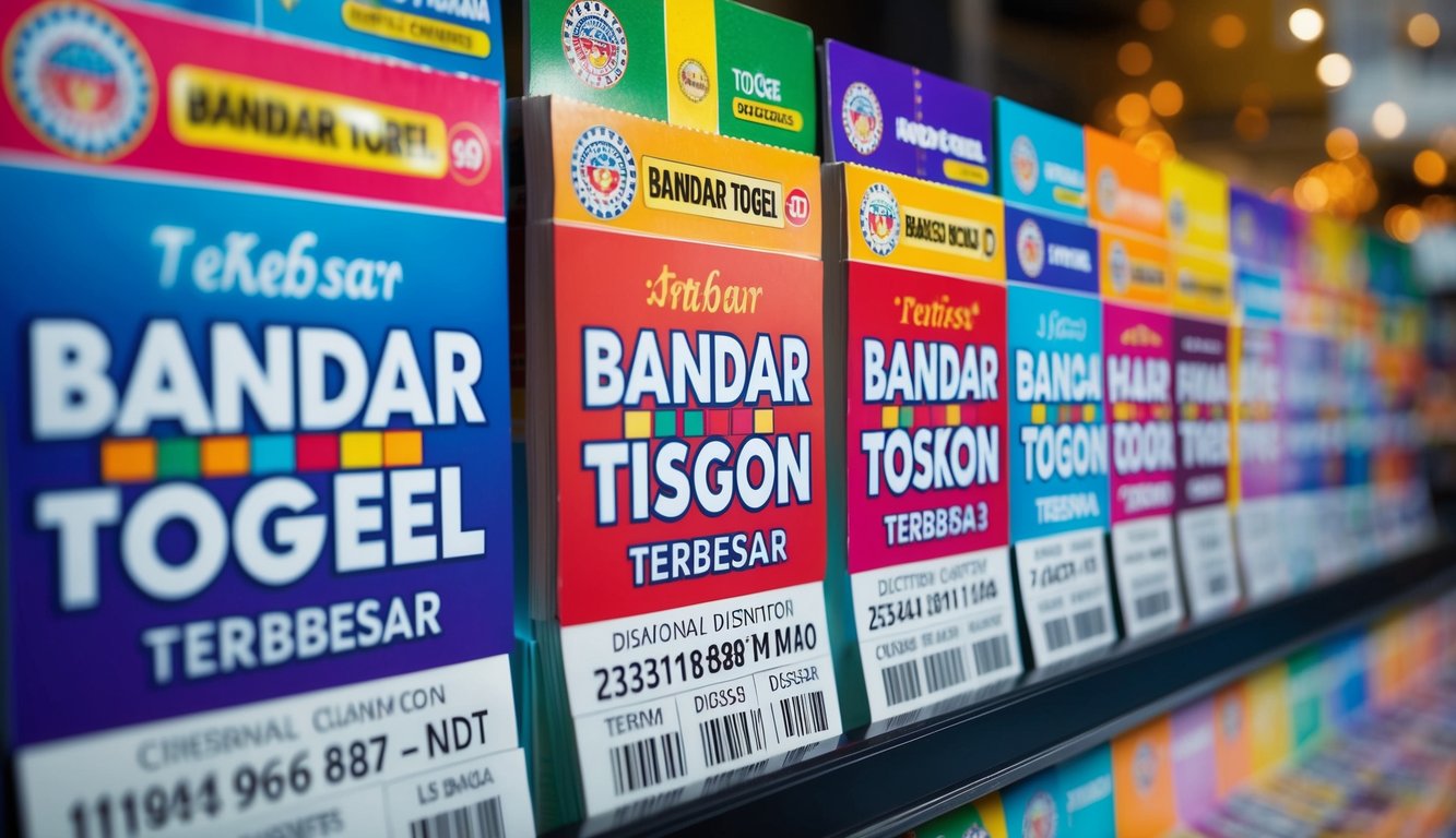 Sebuah tampilan berwarna-warni dari tiket lotere dengan "Bandar togel diskon terbesar" ditampilkan dengan jelas