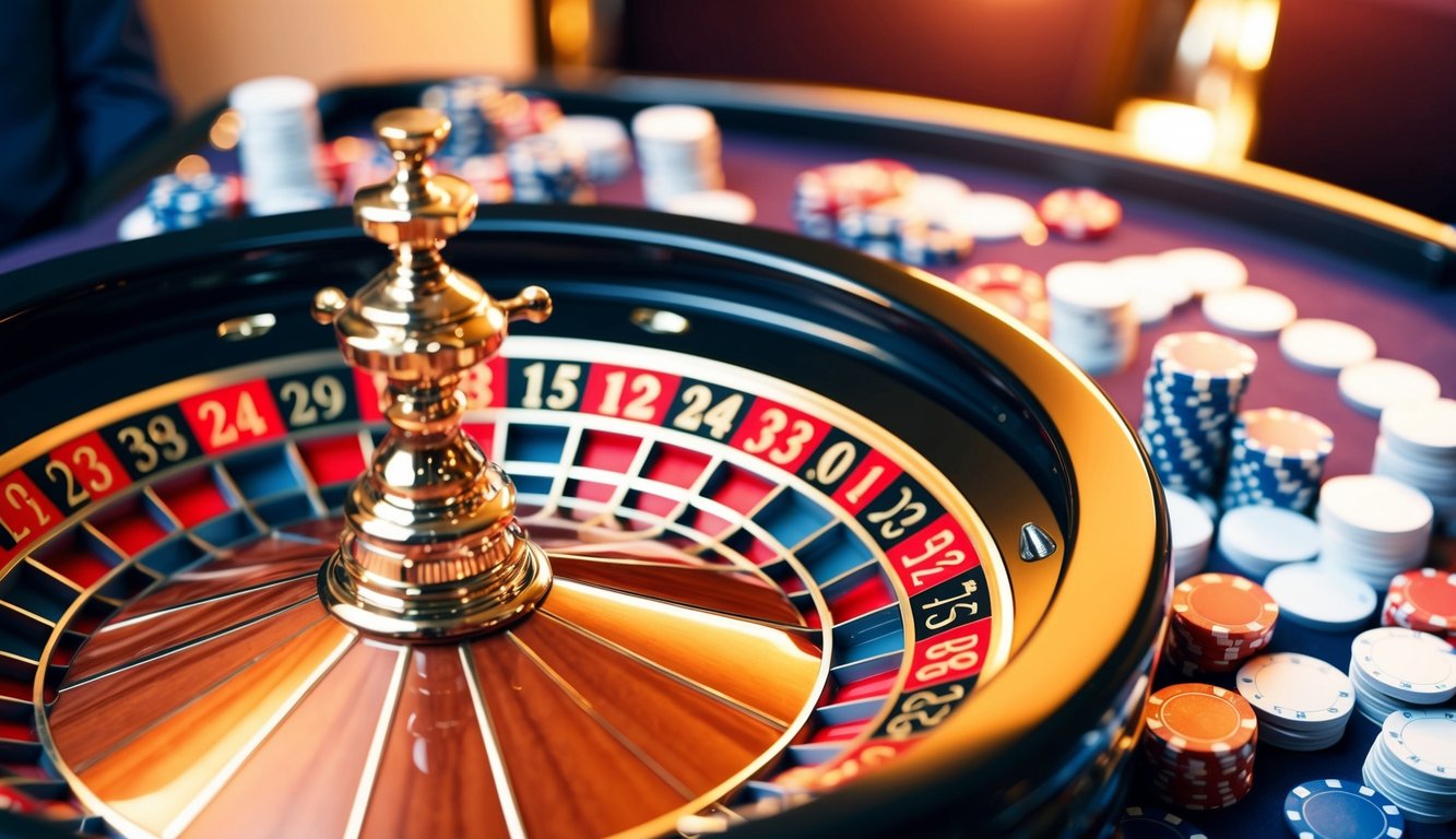 Roda roulette berputar dengan chip yang tersebar di sekitarnya