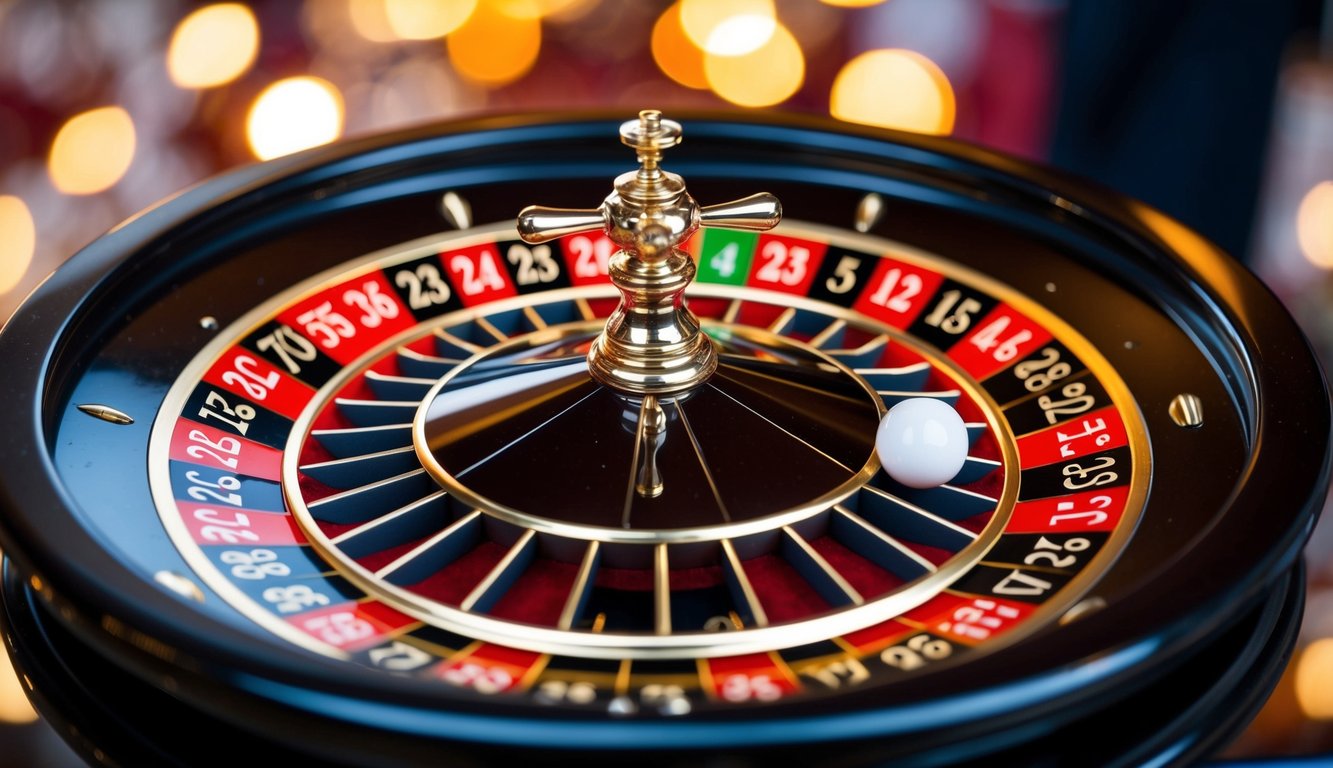 Roda roulette yang berputar dengan slot bernomor dan sebuah bola putih kecil