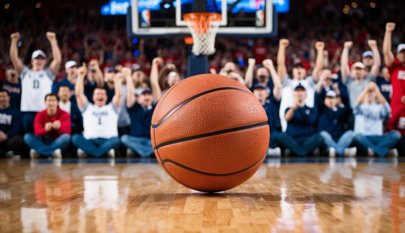 Sebuah bola basket memantul di lapangan, dikelilingi oleh penggemar yang bersorak