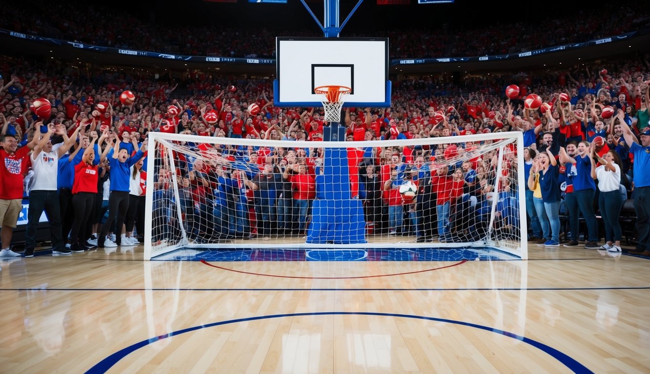 Sebuah lapangan basket dengan gawang sepak bola, dikelilingi oleh para penggemar yang bersorak