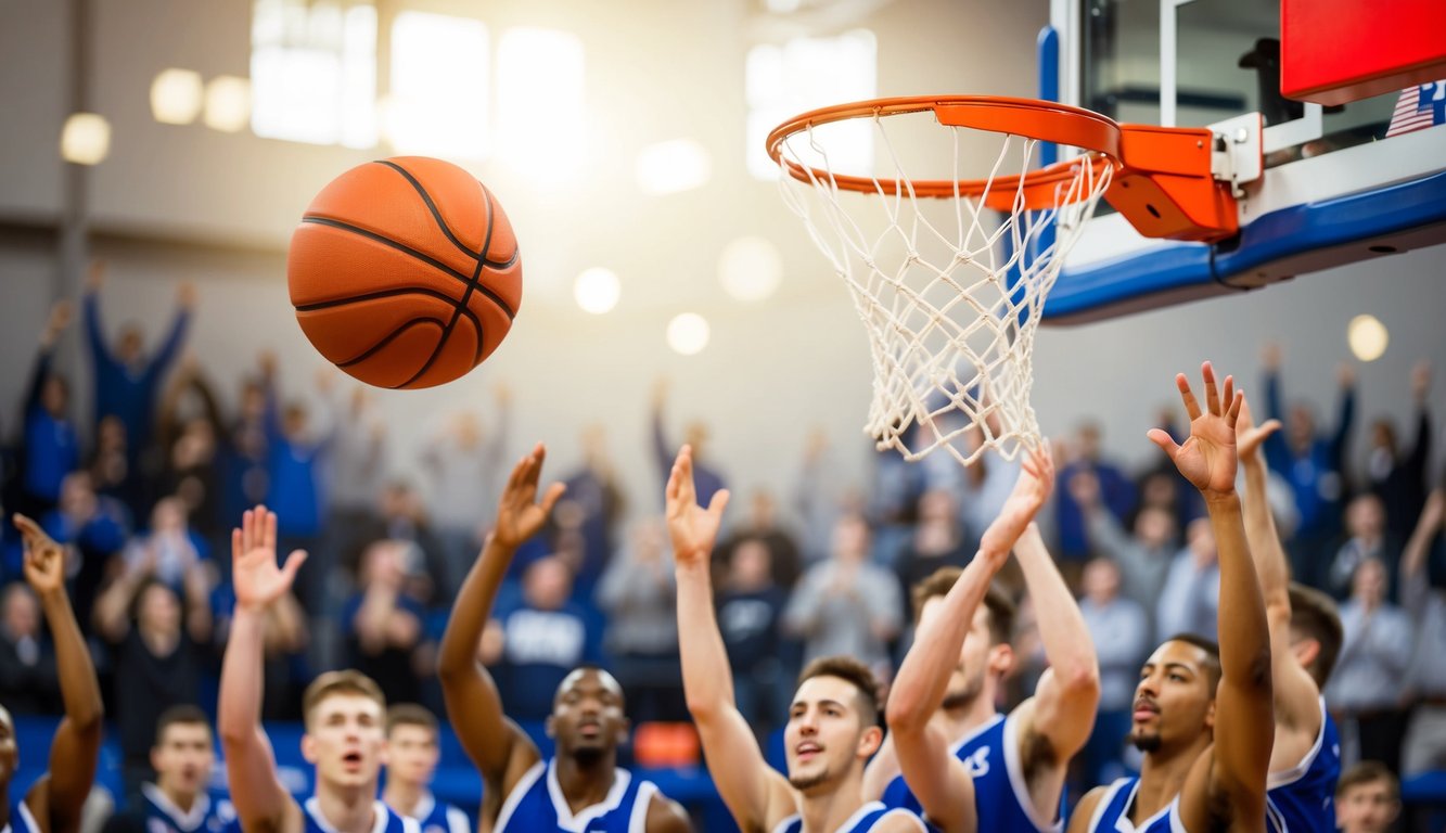 Sebuah bola basket terbang di udara menuju ring, dengan pemain di latar belakang dan kerumunan yang bersorak