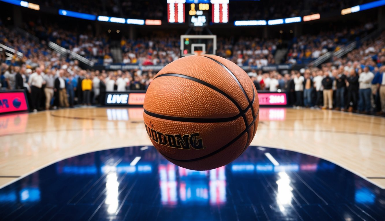 Sebuah bola basket memantul di lapangan yang dikelilingi oleh kerumunan penonton, dengan papan skor yang menampilkan odds taruhan langsung