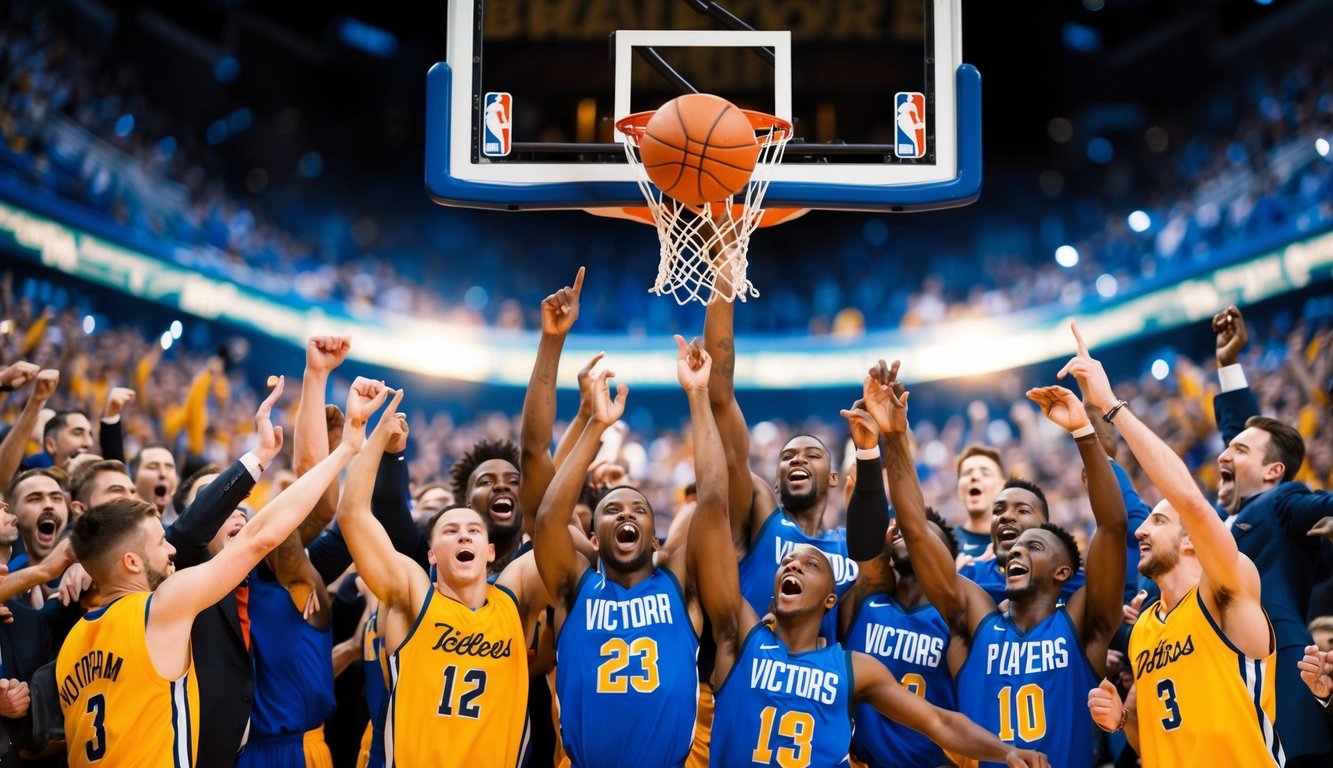 Sebuah bola basket terbang melalui ring, dikelilingi oleh penggemar yang bersorak dan pemain yang merayakan kemenangan