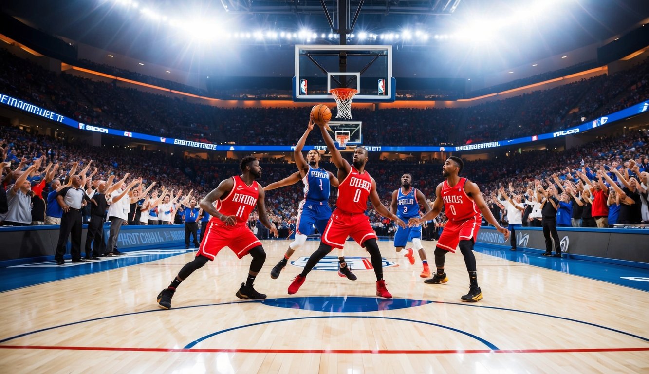 Sebuah lapangan basket dengan pemain yang sedang beraksi, dikelilingi oleh penggemar yang bersorak dan lampu stadion yang terang