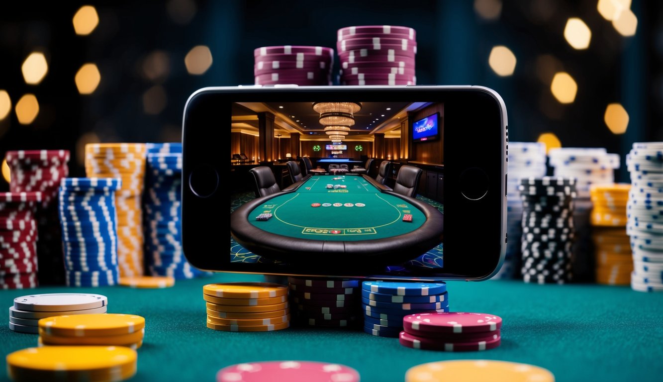 Sebuah smartphone dengan layar yang bersinar menampilkan meja poker yang dikelilingi oleh tumpukan chip berwarna-warni