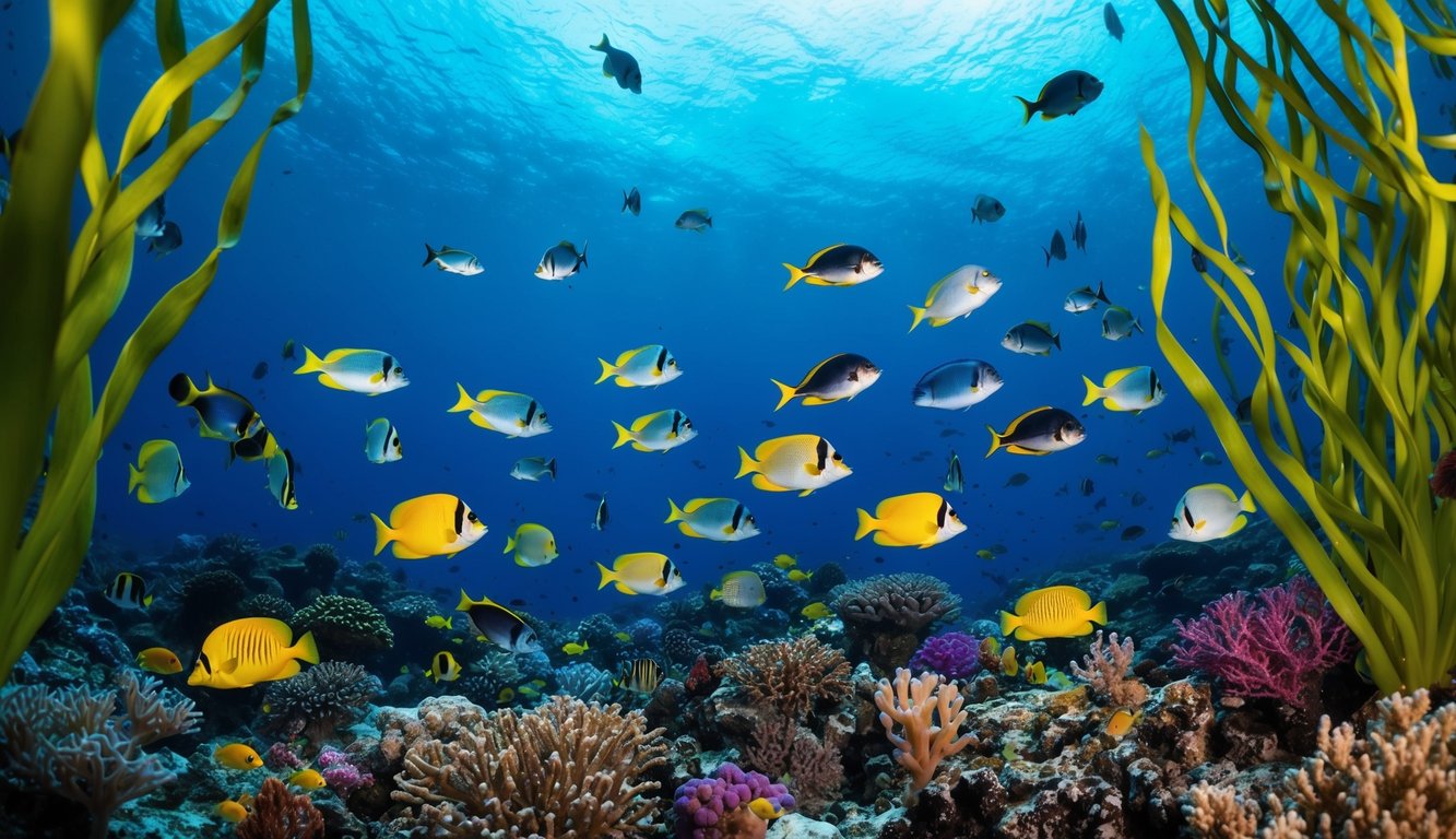 Sebuah dunia bawah laut yang tenang dipenuhi dengan ikan-ikan berwarna-warni dan eksotis, dikelilingi oleh terumbu karang yang cerah dan rumput laut yang melambai.