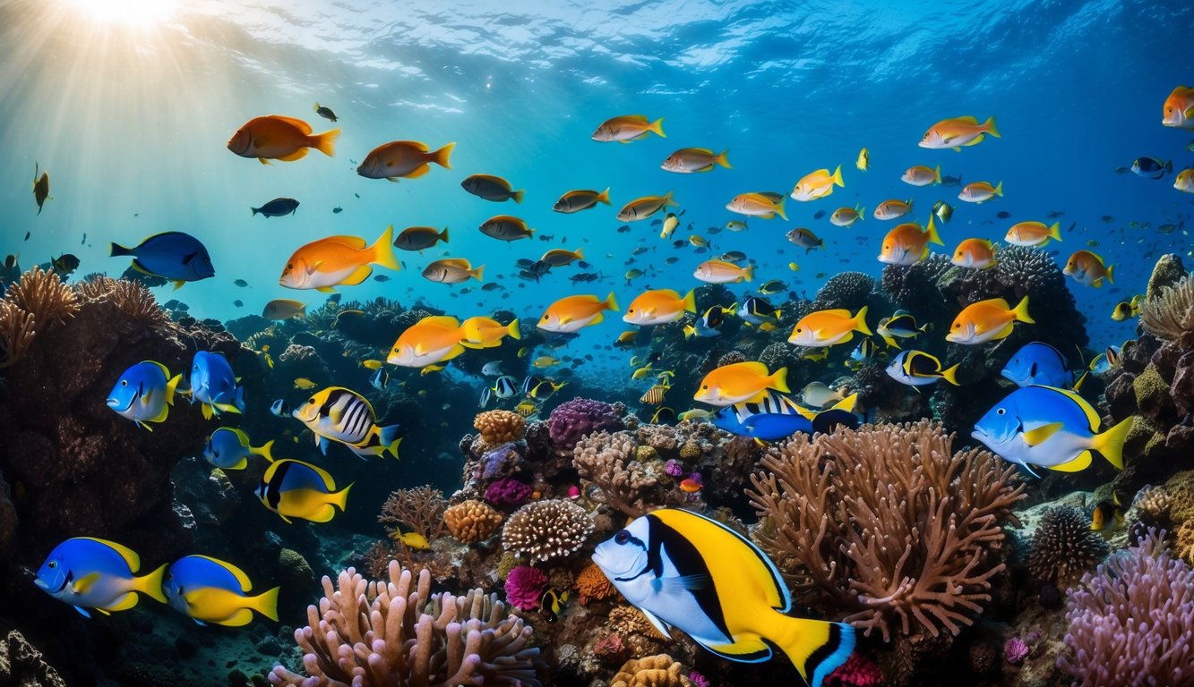 Sebuah dunia bawah laut yang ramai dengan ikan berwarna-warni yang bergerak cepat di sekitar terumbu karang yang cerah