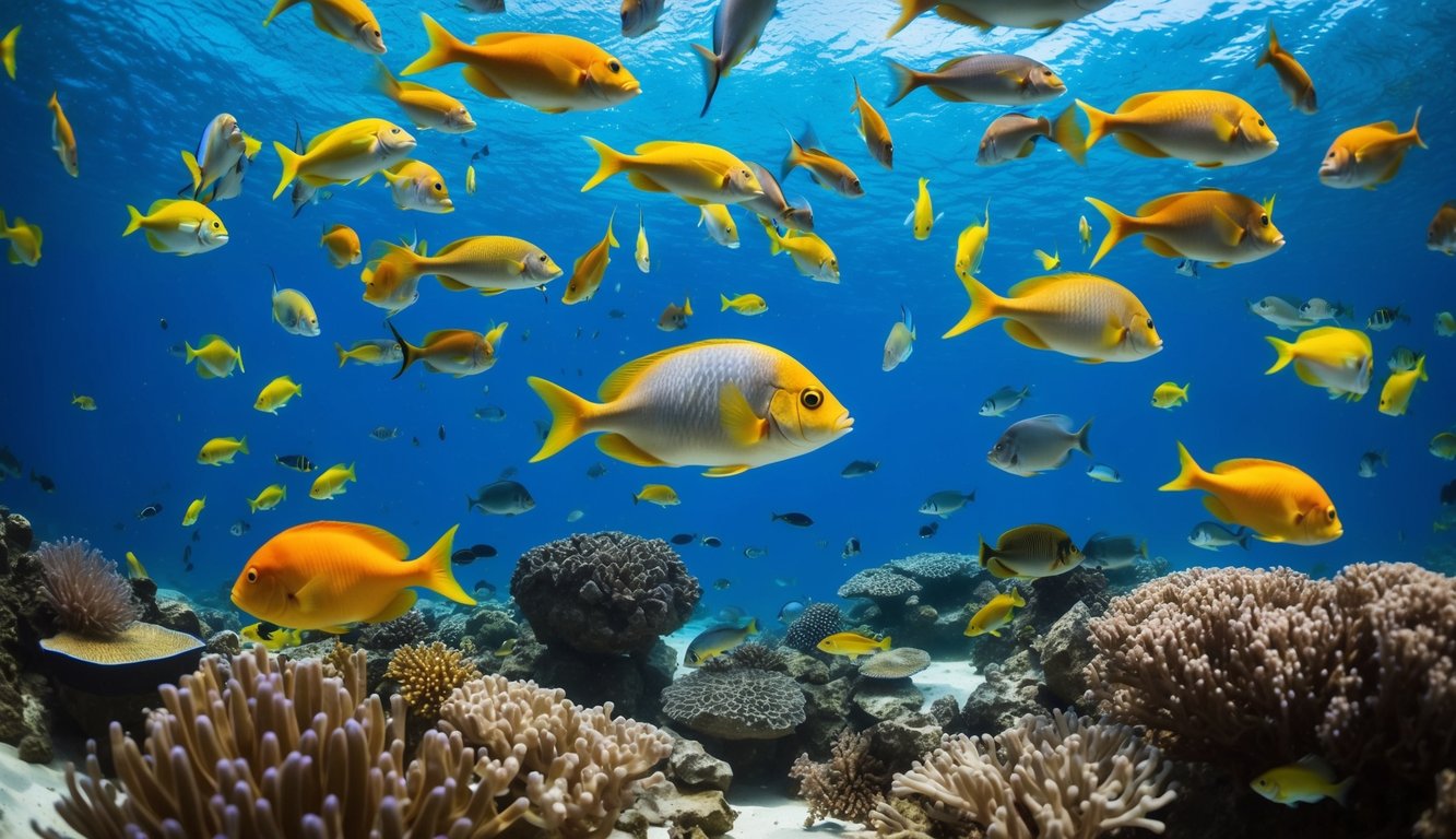 Sebuah dunia bawah laut yang ramai dengan ikan berwarna-warni yang berenang di sekitar link tembak ikan resmi