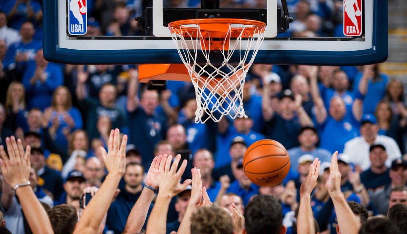 Sebuah bola basket terbang melalui ring dengan jaring, dikelilingi oleh kerumunan penggemar yang bersorak di sebuah stadion