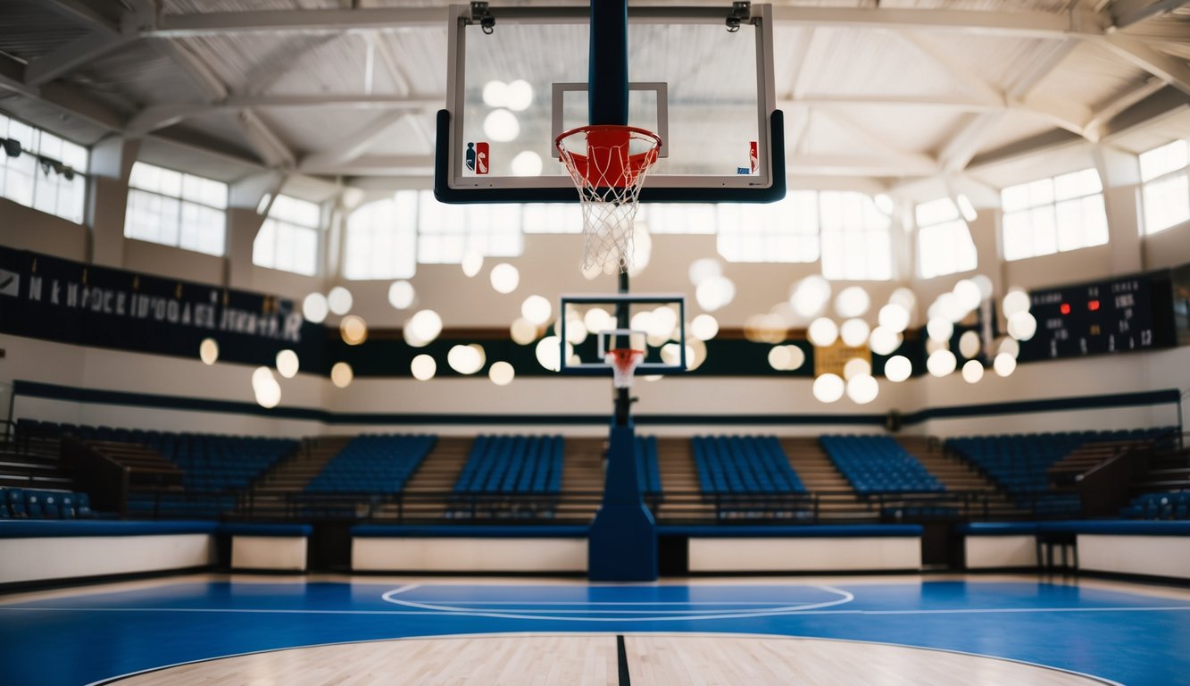 Sebuah lapangan basket dengan ring, papan skor, dan area tempat duduk