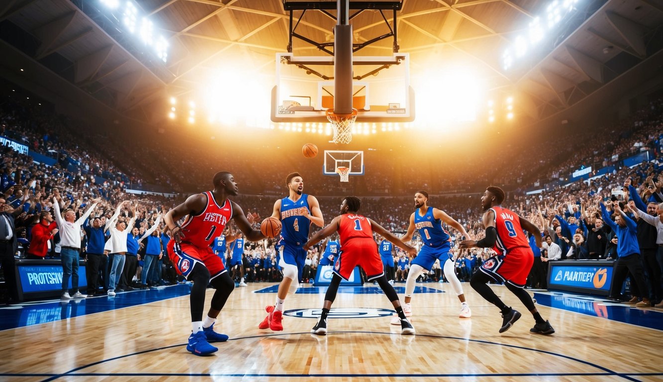 Sebuah lapangan basket dengan pemain yang sedang beraksi, dikelilingi oleh penggemar yang bersorak dan lampu stadion yang terang