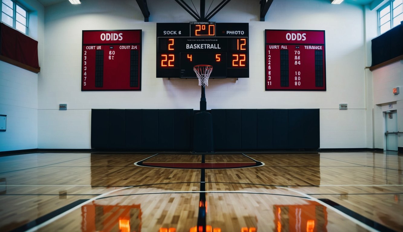 Sebuah lapangan basket dengan papan skor yang menunjukkan peluang terkini