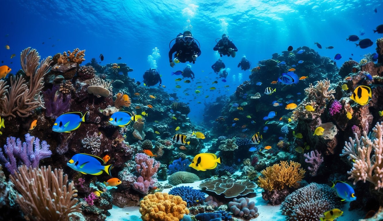 Sebuah dunia bawah laut yang ramai dengan makhluk laut berwarna-warni dan terumbu karang yang cerah, dengan rasa kegembiraan dan energi