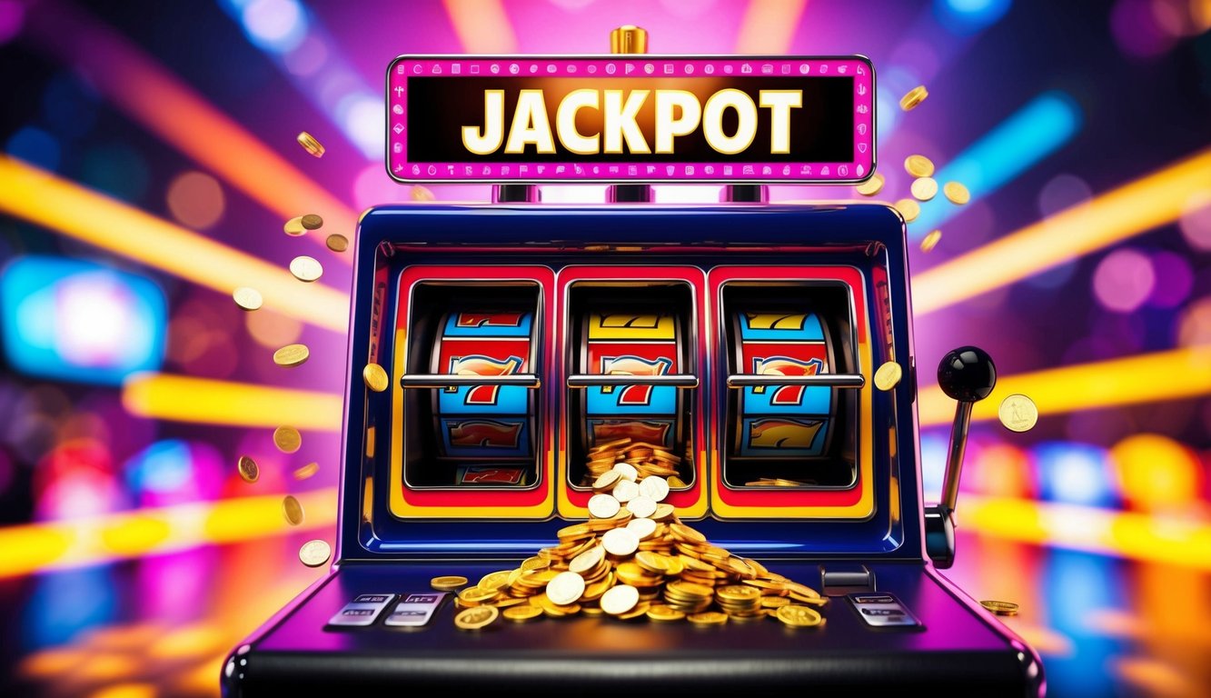 Sebuah mesin slot yang berwarna-warni dan cerah dikelilingi oleh lampu berkedip dan koin yang mengalir keluar, dengan tanda jackpot di atas