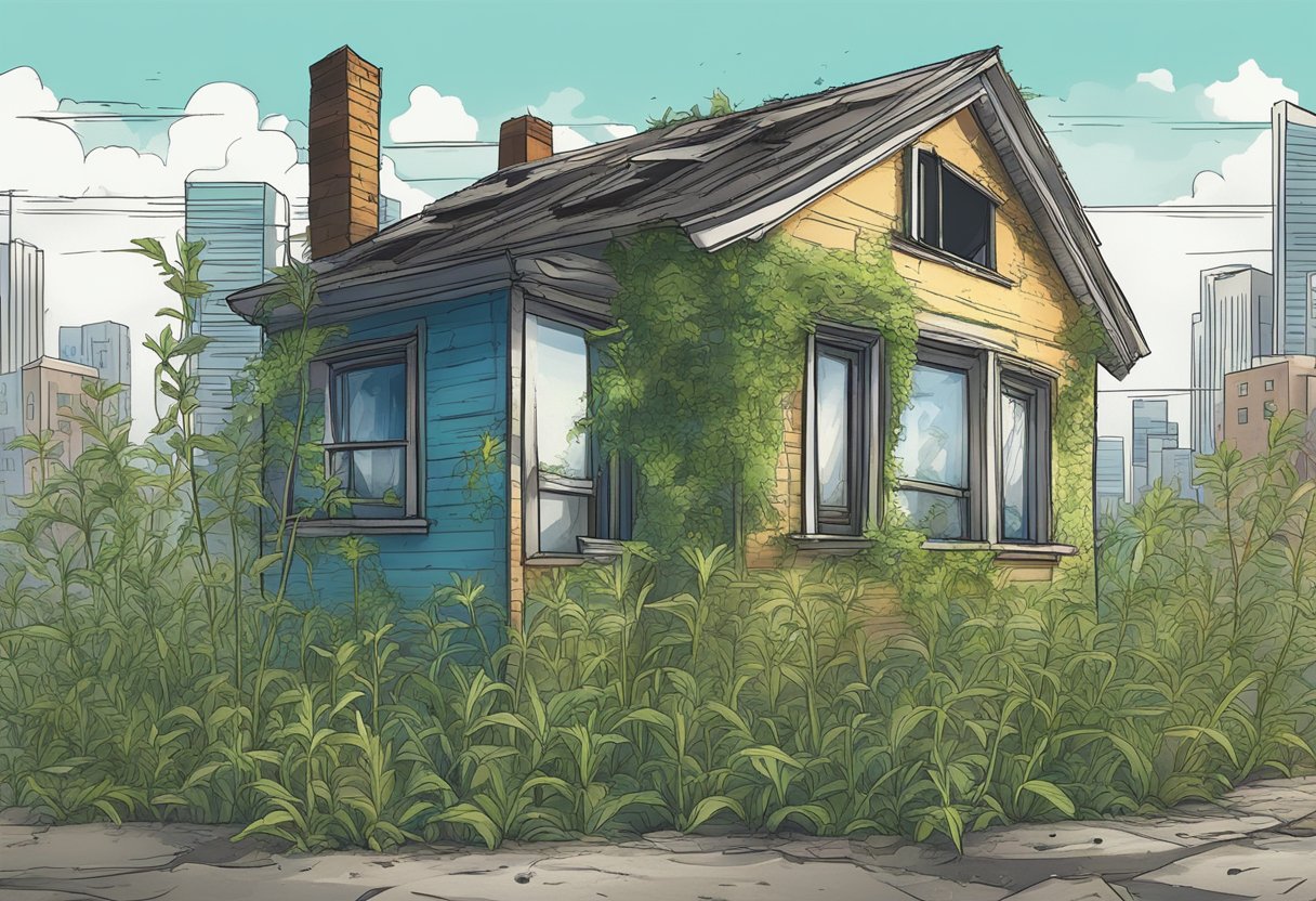 A dilapidated house with overgrown weeds in the foreground, while a modern city skyline looms in the background, representing the contrast in tax lien and deed investing