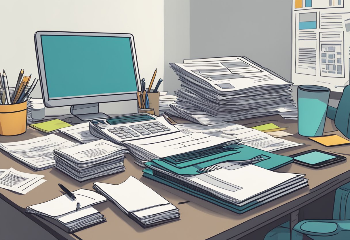 A cluttered desk with stacks of tax lien and deed documents, a computer screen with financial data, and a calculator. A person's hand holding a pen hovers over a paper