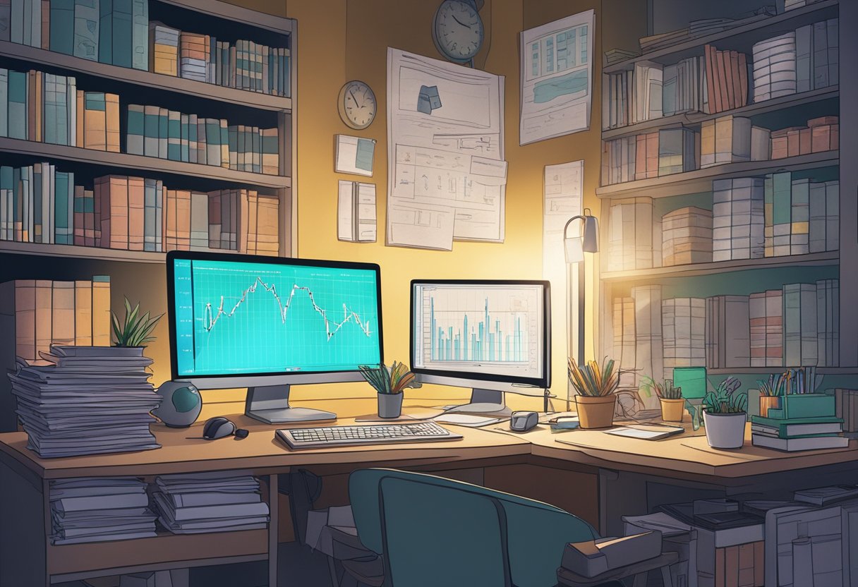 A dimly lit room with a cluttered desk, stacks of papers, and a computer screen displaying financial charts and graphs. A bookshelf filled with investment books in the background