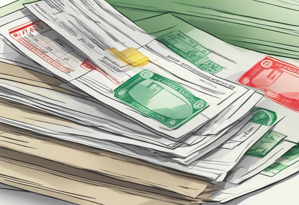 A stack of tax lien and deed documents, some with red "Past Due" stamps, others with green "Redeemed" stamps, sit on a desk